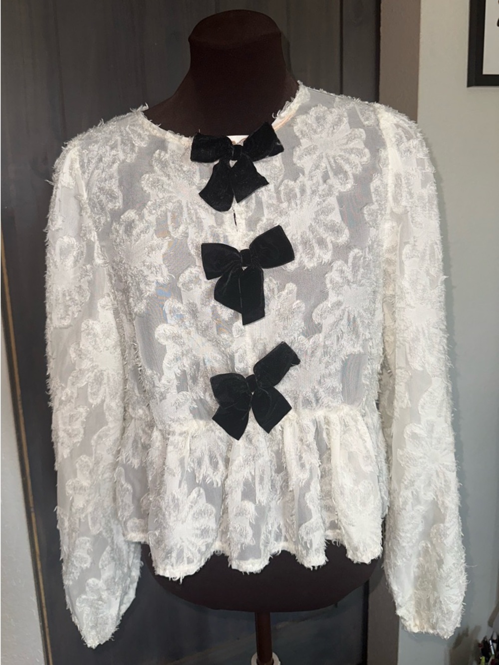 White Lace Peplum Long-Sleeve Top